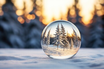 A glass ball with a tree in it is sitting on a snowy surface. The scene is serene and peaceful, with the snow-covered trees reflecting the light of the setting sun. The glass ball acts as a lens - Powered by Adobe