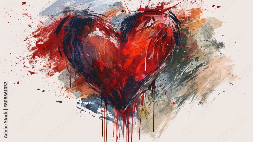 Poster a heart with red paint dripping from it. the heart is surrounded by splatters of paint, giving it a 