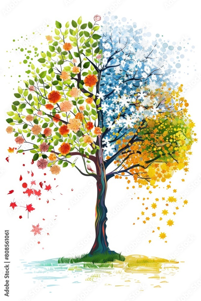 Poster a tree with leaves of different colors, representing the four seasons. the tree is split in half, wi