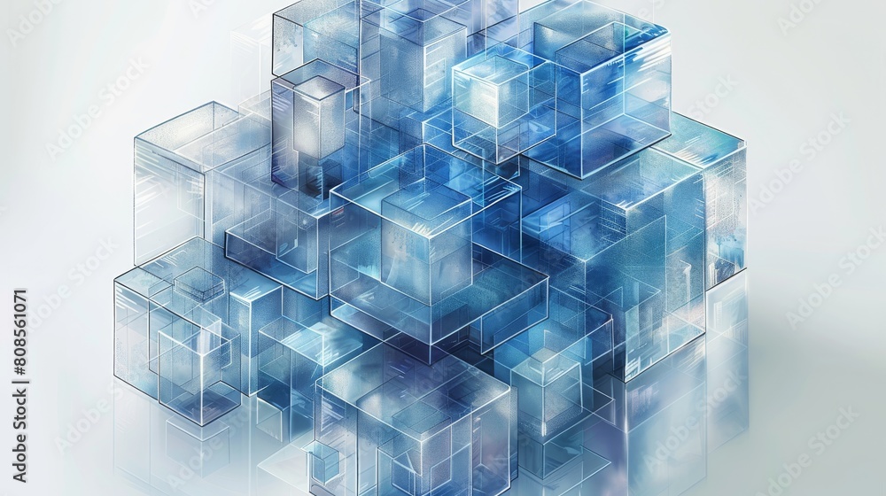 Aufkleber A digital illustration of isometric cube made up of various blue and white geometric shapes, arranged in an intricate pattern on a grey background. includes transparent glass elements. Generative AI.