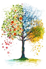 A tree with leaves of different colors, representing the four seasons. The tree is split in half, with one half showing the leaves of spring and the other half showing the leaves of fall