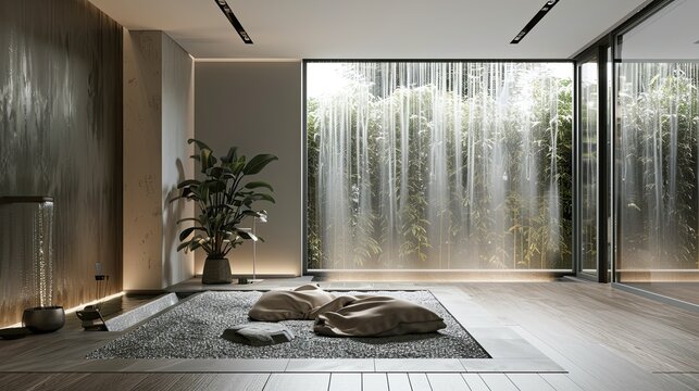 A harmonious living room with a minimalist water feature wall and a single plush cashmere throw