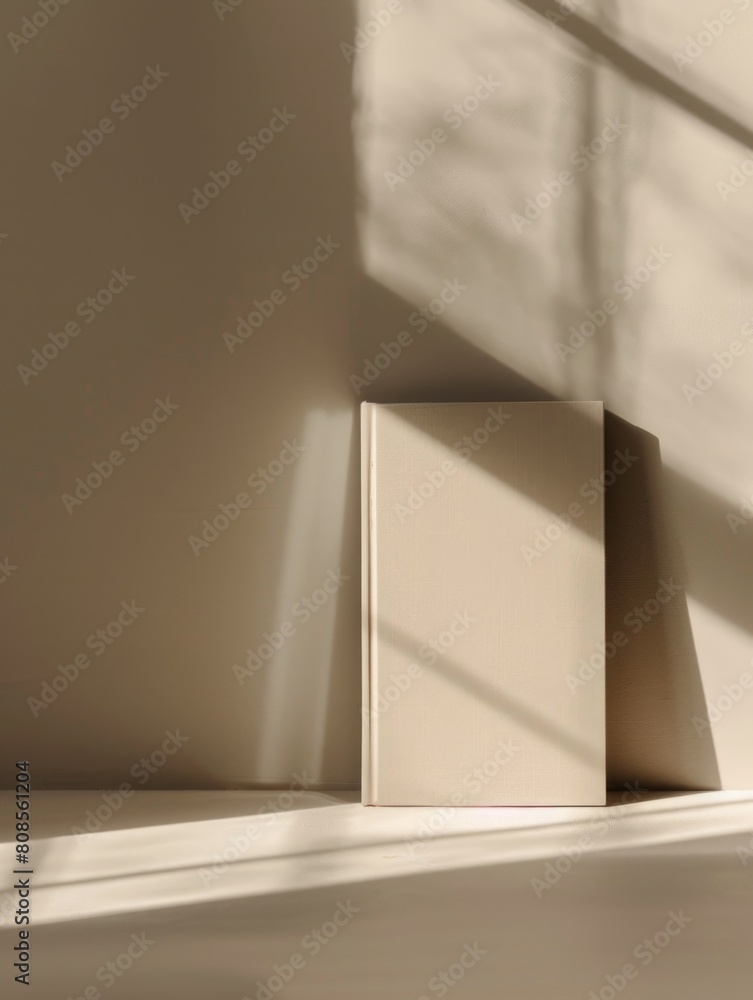 Poster a book is sitting on a table in front of a window. the sunlight is shining on the book, creating a w