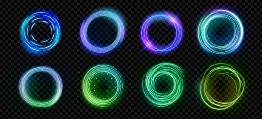 Fototapeta premium Abstract halo light effects set isolated on transparent background. Vector realistic illustration of neon turquoise, blue, green rings glowing in darkness, round frame in cloud of mist with sparkles