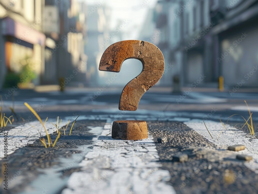 Poster a question mark is on the ground in front of a building. the image has a mood of curiosity and myste