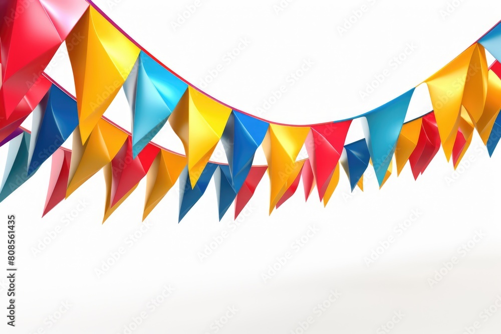 Poster a colorful banner with triangles hanging from it. the banner is made of paper and is in various colo