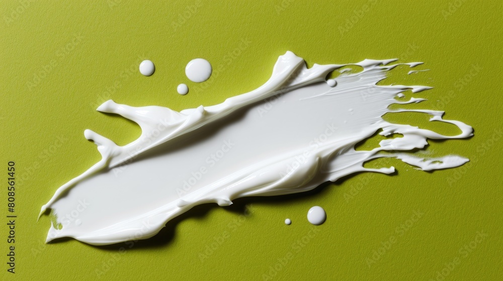 Poster a green background with a white blob of cream on it. the cream is spread out and has a splatter effe