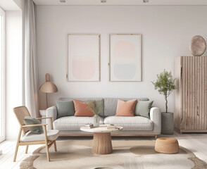 Clean and simplistic Scandinavian design wall art featuring soft pastels and natural wood textures, suitable for a tranquil home environment