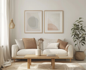 Clean and simplistic Scandinavian design wall art featuring soft pastels and natural wood textures, suitable for a tranquil home environment