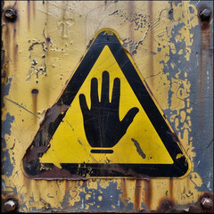 Distressed Yellow and Black Triangle Hand Stop Warning Sign Isolated on a Wall