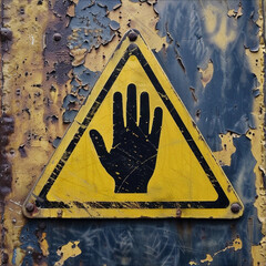 Distressed Yellow and Black Triangle Hand Stop Warning Sign Isolated on a Wall