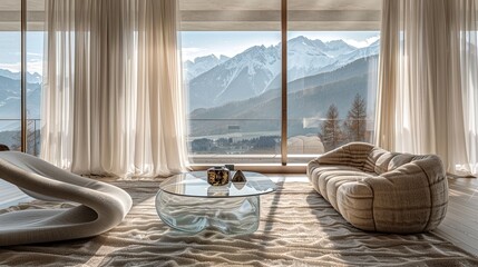 A high-end living room with a large bay window draped in sheer linen curtains, an ultra-modern glass coffee table, and a sculptural wool sofa set against a panoramic view of the mountains