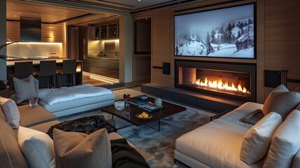 A high-end living room with a built-in virtual assistant for light and sound, a sleek fireplace, and a set of convertible sleeper chairs