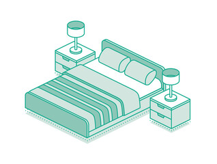 Isometric bed with blanket, pillows and two nightstands with lamps. Outline objects isolated on white background.
