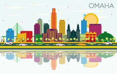 Obraz premium Omaha Nebraska City Skyline with Color Buildings, Blue Sky and Reflections. Business Travel and Tourism Concept with Historic Architecture. Omaha USA Cityscape with Landmarks.