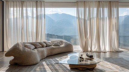 A high-end living room with a large bay window draped in sheer linen curtains, an ultra-modern glass coffee table, and a sculptural wool sofa set against a panoramic view of the mountains