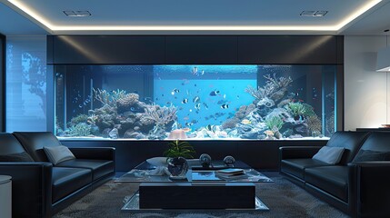 A high-end living room with a large built-in aquarium that spans an entire wall, surrounded by sleek black leather furniture and minimalist decor