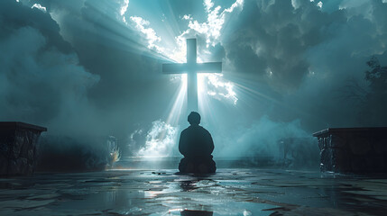 man praying in front of a huge cross