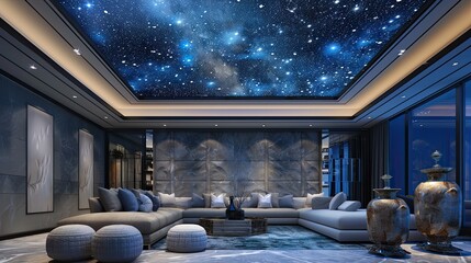 A high-end living room with a ceiling feature that mimics the night sky, a low-profile sectional sofa, and a set of artistic floor vases
