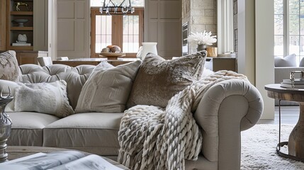 A high-end living room with a focus on comfort, featuring plush, oversized sofas, soft throw blankets and pillows, and a warm, inviting color palette that makes the space feel cozy and welcoming