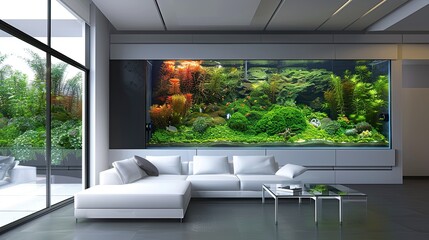 A high-end living room with an aquarium wall, showcasing a vibrant marine ecosystem, complemented by sleek white furniture and minimalistic decor