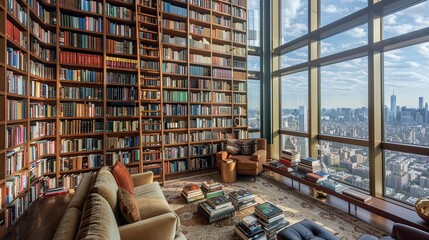 A high-end living room with floor-to-ceiling bookcases filled with an impressive collection of books, a comfortable reading nook with a view of the city, and a ladder to reach the upper shelves