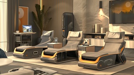 A high-end living room with a built-in virtual assistant for gaming, a sleek side table with hidden compartments, and a set of foldable lounge chairs