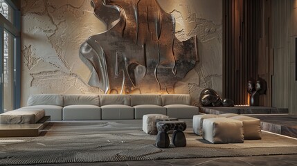 A high-end living room with a virtual assistant hub, a wall of sculptural metal art, and a set of ottoman benches