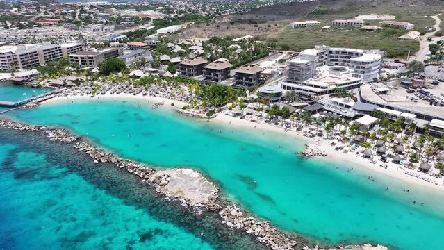 Mambo Beach At Willemstad In Netherlands Curacao. Idyllic Beach. Nature Landscape. Willemstad At Netherlands Curacao. Tourism Background. Island Seascape.