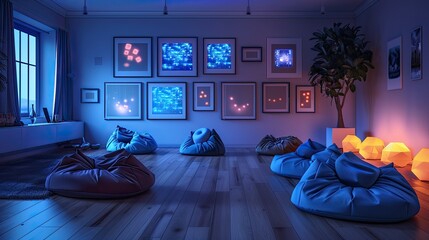 A high-end living room with a built-in hologram projector, a wall of interactive digital frames, and a set of designer bean bags