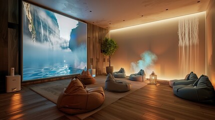 A high-end living room with a panoramic projection wall, a built-in humidifier, and a set of bean bag chairs