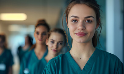 Portrait of beautiful woman doctor looking at camera at blurred hospital background , Medical healthcare person portrait at hospital.