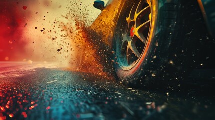 Car race - cinematic tyre low angle shot with color and dirt splashes in mid air on road , a closeup