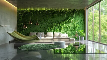A high-end living room with a floor-to-ceiling green wall, a reflective infinity floor, and a floating hammock chair
