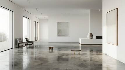 A high-end minimalist living room with an open space concept, featuring polished concrete floors, stark white walls, and a single statement piece of art