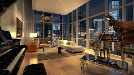 A high-rise apartment living room with sleek, modern furniture, a transparent grand piano, and a backdrop of the city lights at night through expansive windows