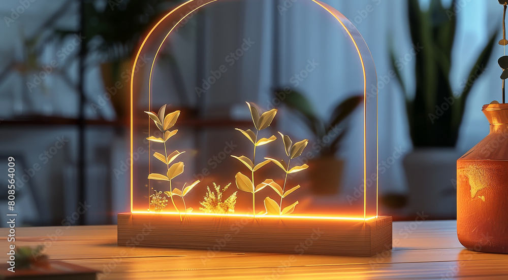 Poster mock up template transparent acrylic night light in white desk workspace. generative ai.