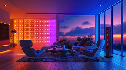 A high-tech living room with a programmable LED light wall, a voice-controlled home system, and a set of ergonomic chairs