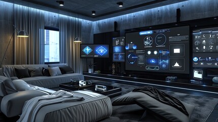 A high-tech living room with wall-mounted smart screens, automated curtains, and advanced lighting systems, set against a backdrop of a minimalist gray and black color palette