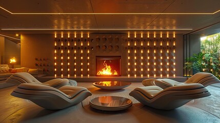 A high-tech living room with a programmable wall of lights, a central eco-friendly fireplace, and a set of sculptural lounge seats