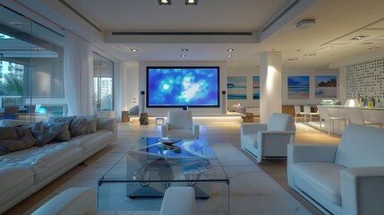 A high-tech living room with a programmable LED art installation, a central glass-top coffee table, and a set of minimalist cube chairs