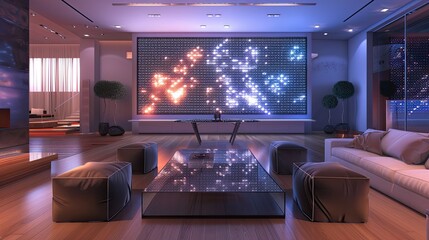A high-tech living room with a programmable LED art installation, a central glass-top coffee table, and a set of minimalist cube chairs