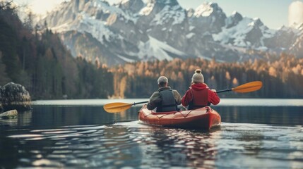 Couple retiring in a kayak on a picturesque lake