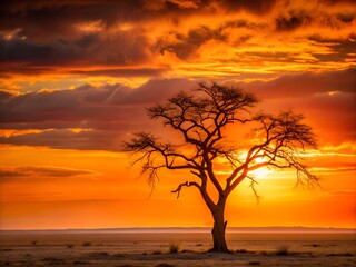 A tree stands alone in a field with a beautiful sunset in the background