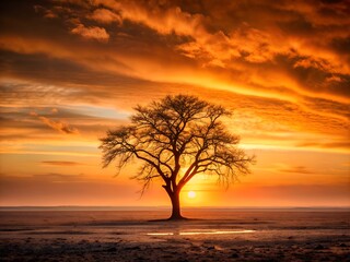 A tree stands alone in a field with a beautiful sunset in the background