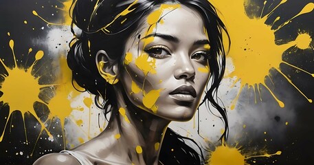 Woman adorned with bold, vibrant yellow paint splatters, her portrait a stunning display of creativity and individuality.