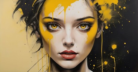 Woman adorned with, clear yellow paint splatters, her portrait a stunning display of creativity and individuality.