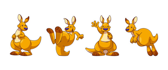 Funny smiling kangaroo character in different poses and face emotions. Cartoon vector set of happy australian animal wallaby with pouch standing, waving hand while welcome, stand on tail and jump.