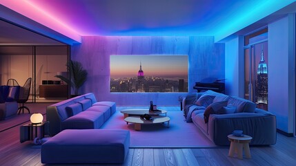A high-tech living room with voice-controlled ambient lighting, a seamless OLED wall screen, and modular furniture