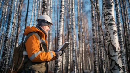 Fototapeta premium Forest engineer in safety uniform works in young birch forest with tablet computer.